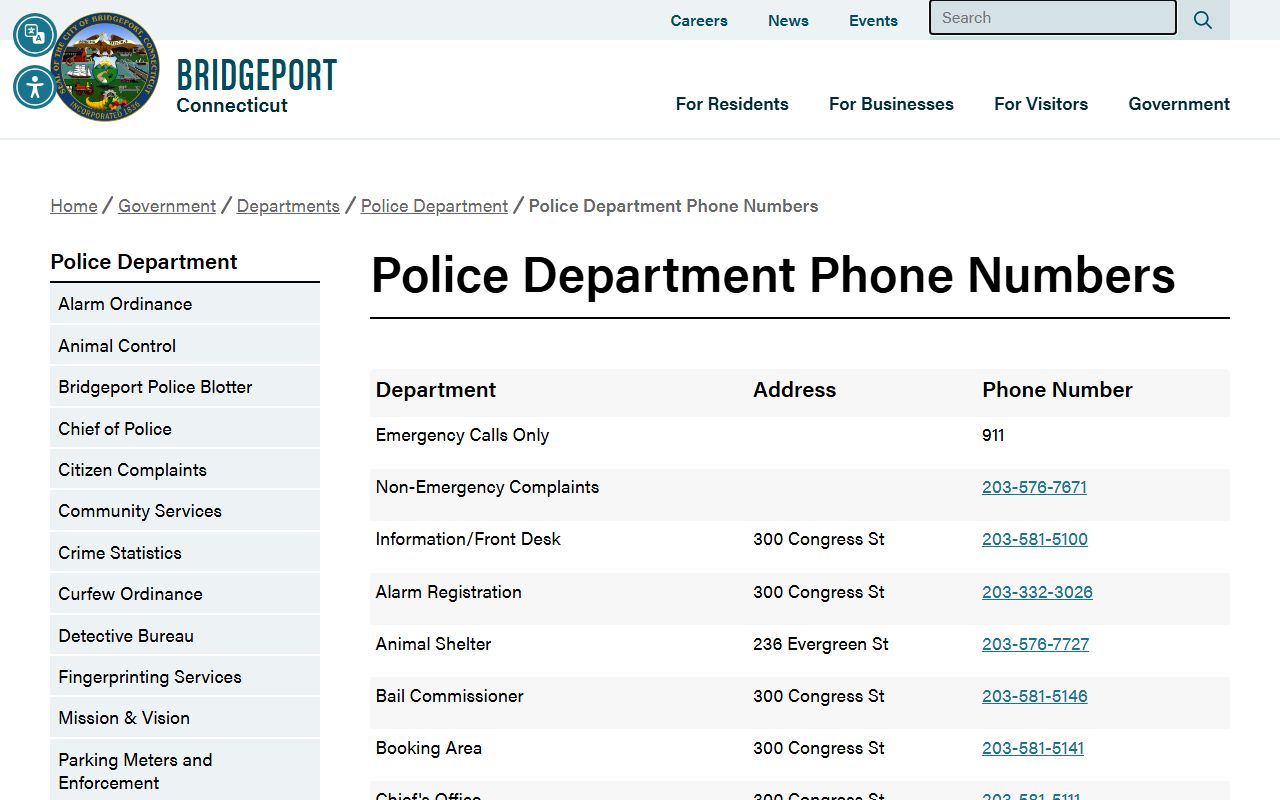 Bridgeport Police Department phone directory and contact information