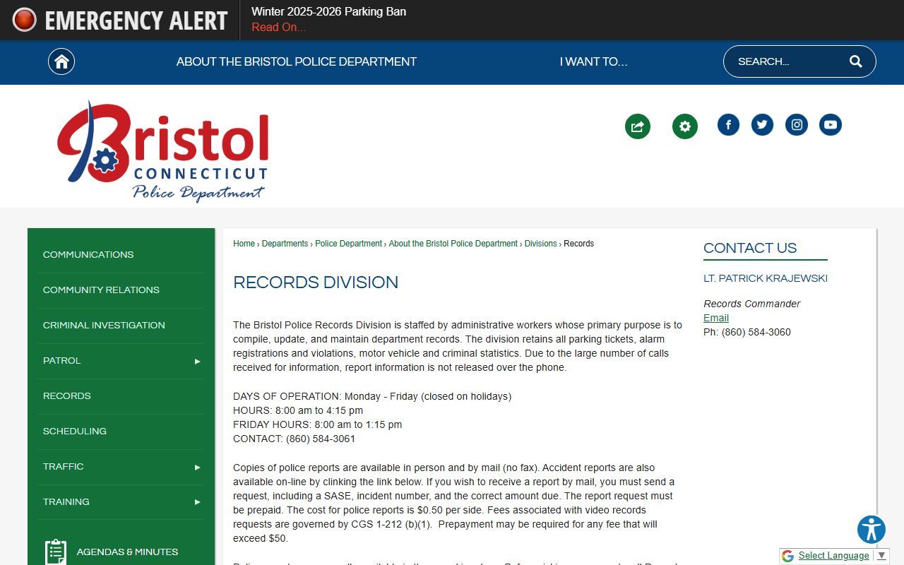 Bristol Police Department Records Division office