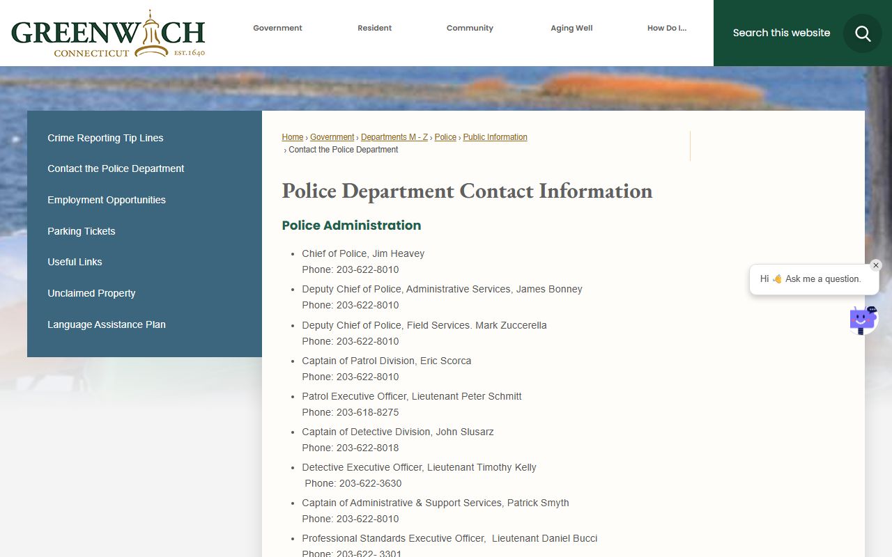 Greenwich Police Department contact information and public services desk