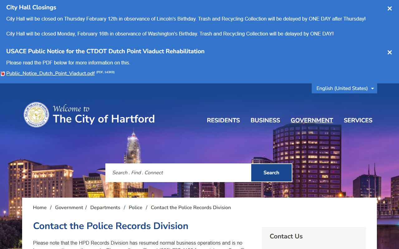 Hartford Police Department Records Division for police blotter requests