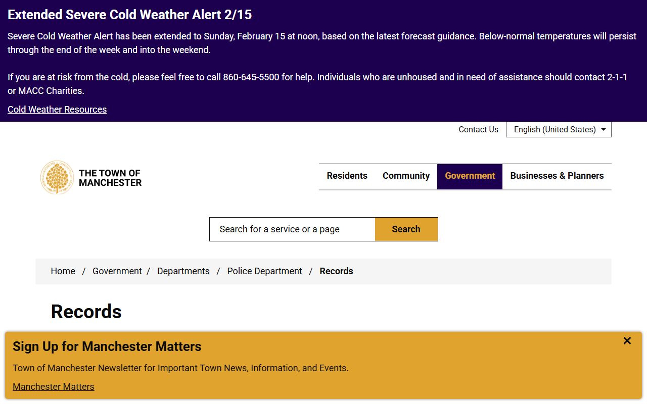 Manchester Police Department Records Division office and services