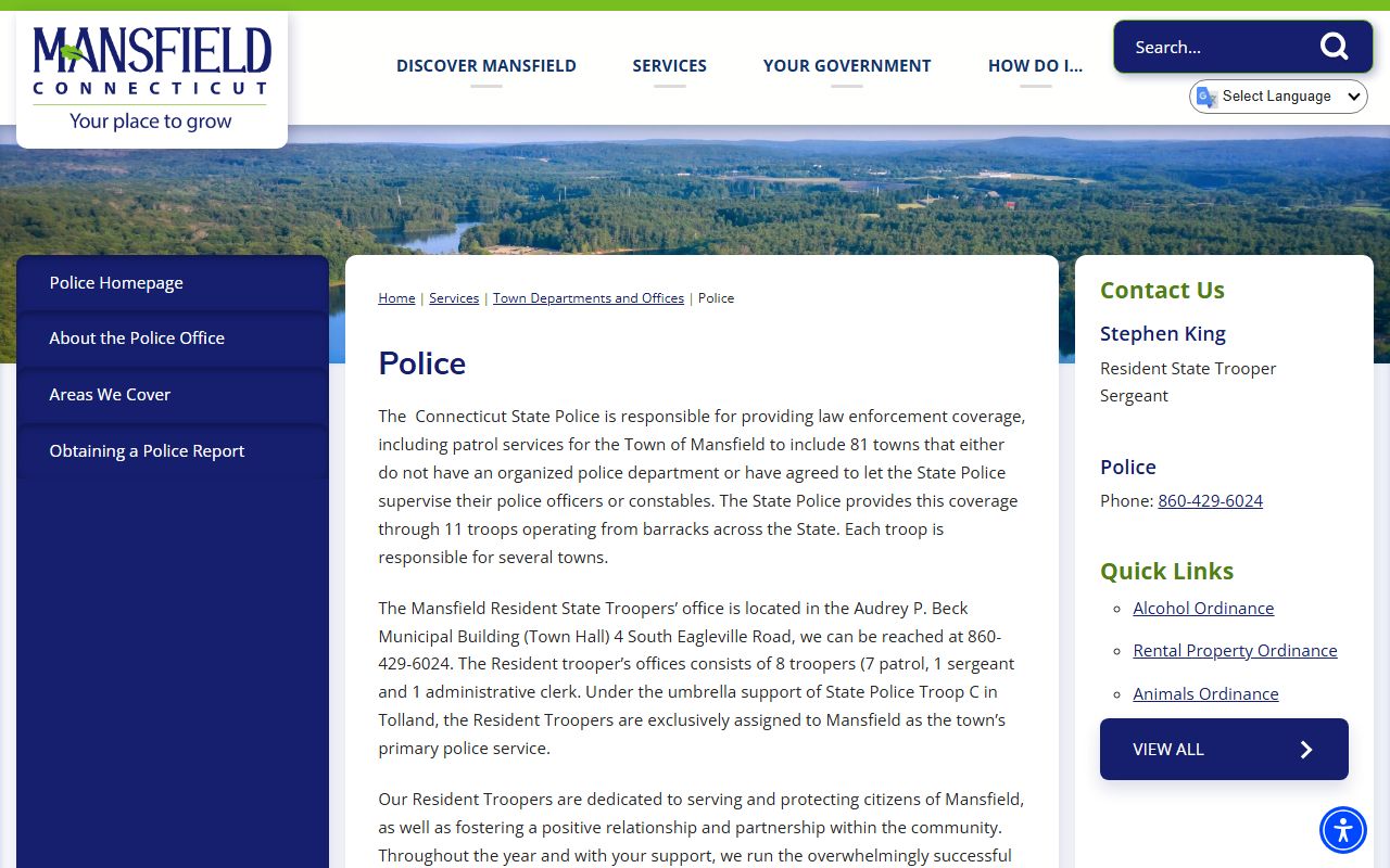 Mansfield Resident State Troopers office at South Eagleville Road for police blotter records access