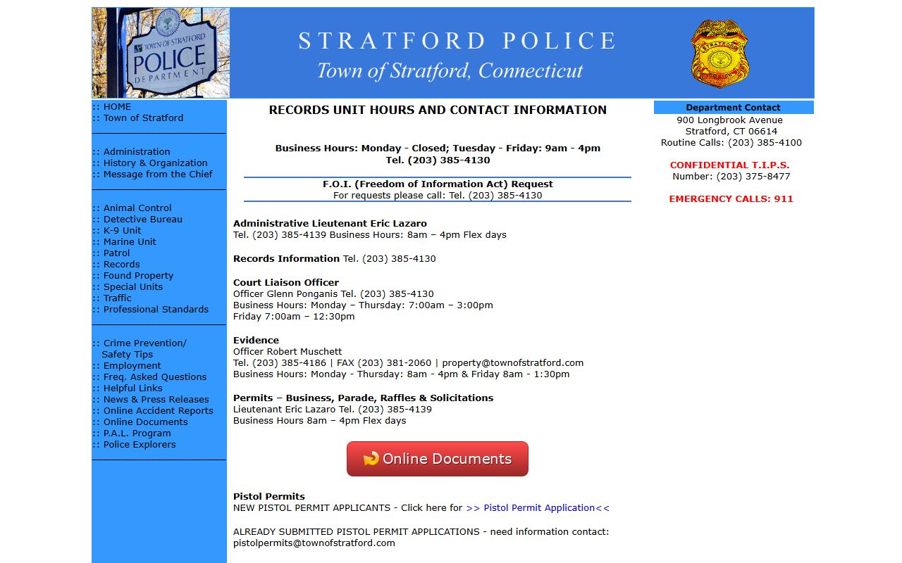 Stratford Police Department Records Unit office and public services