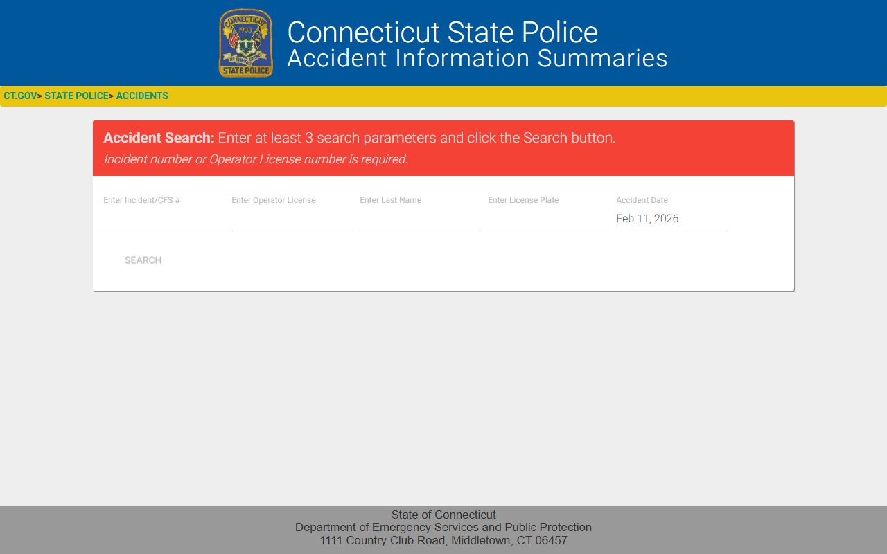 Connecticut DESPP Accident Information Summary database search page